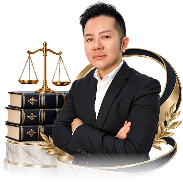 Dr Chee Hui Bing with law books and the scales of justice