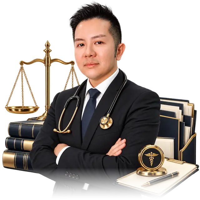 手持听诊器的 Dr Chee Hui Bing 与法律书籍